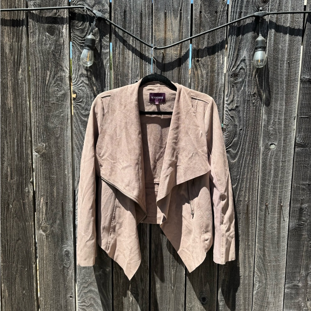 Vigoss Tan Brown Faux Leather Suede Asymmetrical Drape Front Zip Up Moto Jacket